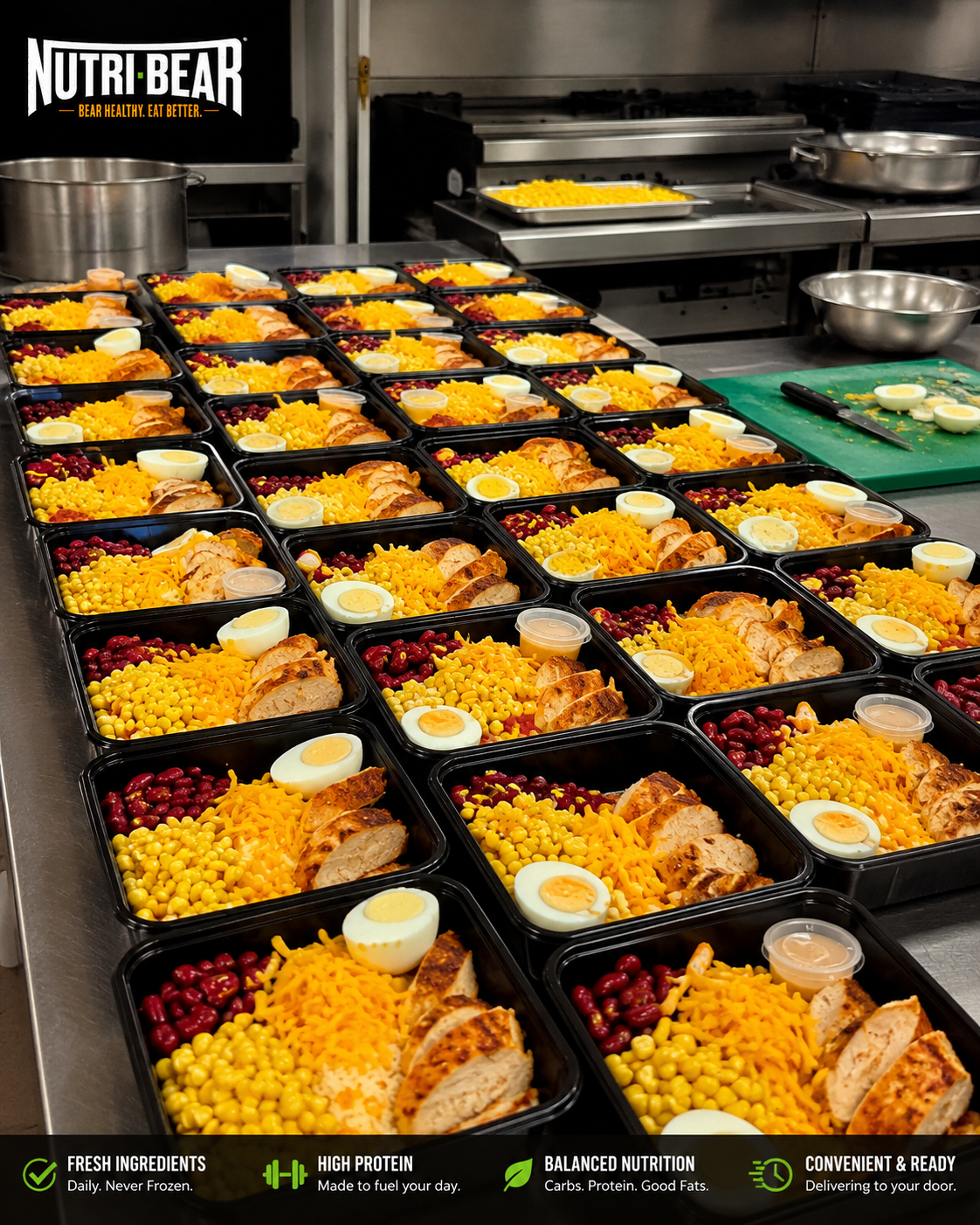 Rows of fresh Nutri-Bear high-protein meal prep containers in a professional kitchen