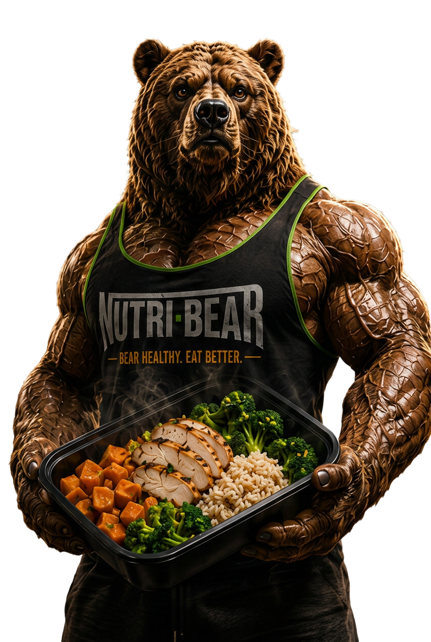 Nutri-Bear mascot holding a fresh high-protein meal prep box